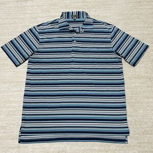 Peter Millar Summer Comfort Polo Mens Large White and Blue Striped Athletic